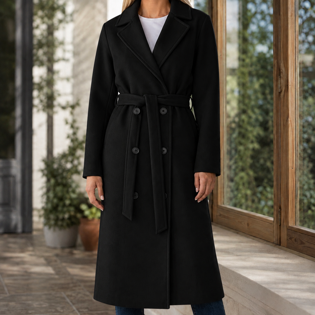 Damen Gürtelmantel Slim Fit Business Elegant knielang
