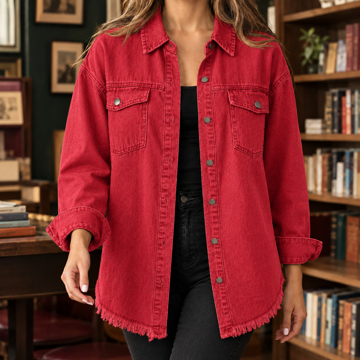 Damen Overshirt Relaxed Fit Freizeit mit Fransenabschluss