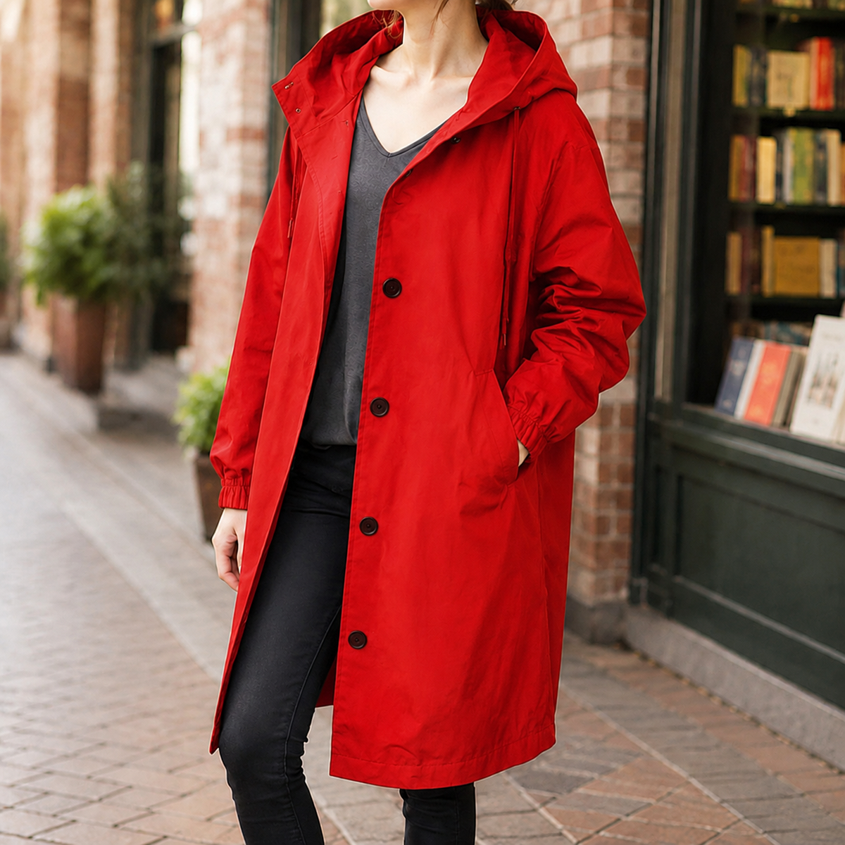 Damen Kapuzenmantel Relaxed Fit Freizeit knielang