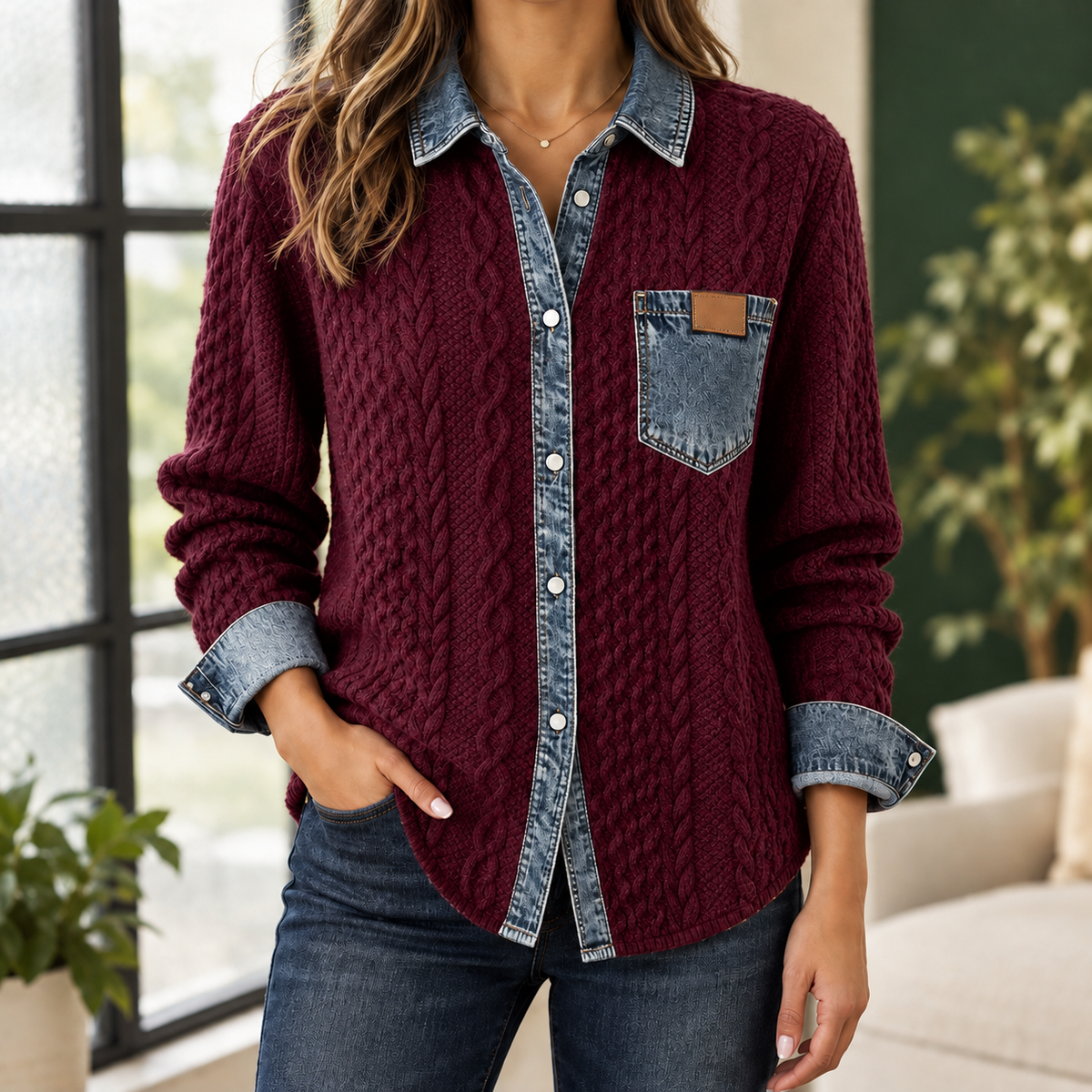 Maria - Damen Overshirt Relaxed Fit Casual mit Strick und Denimkragen
