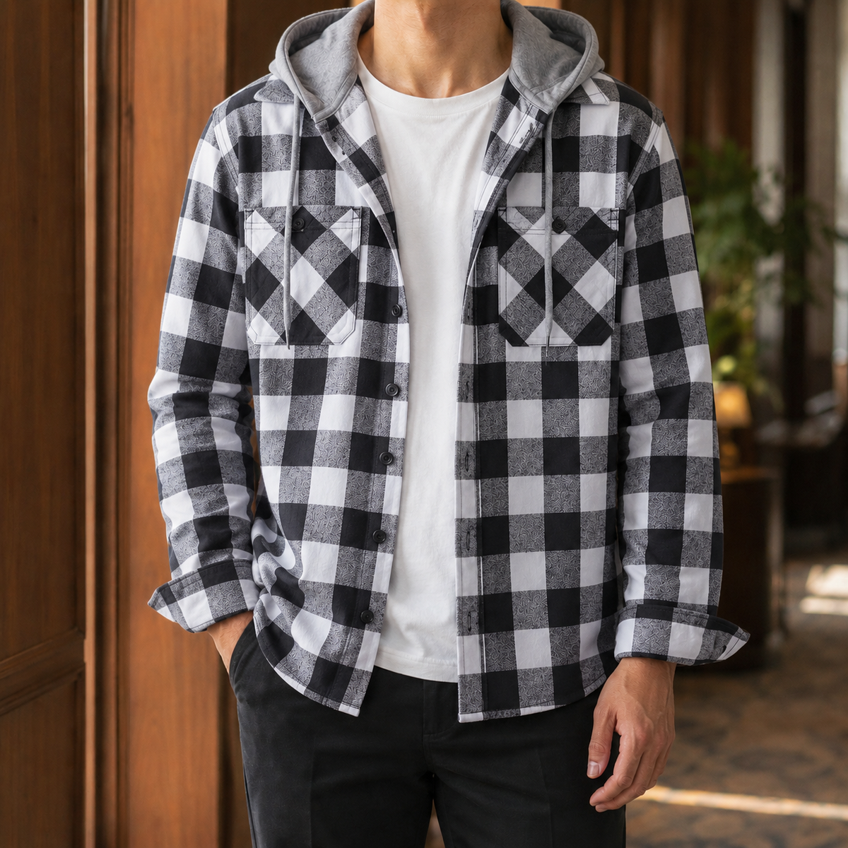 Herren Overshirt Kariert mit Kapuze Lässig Freizeit