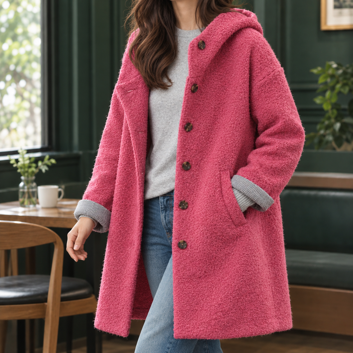 Damen Kapuzenmantel Oversize Freizeit Lang mit Knöpfen