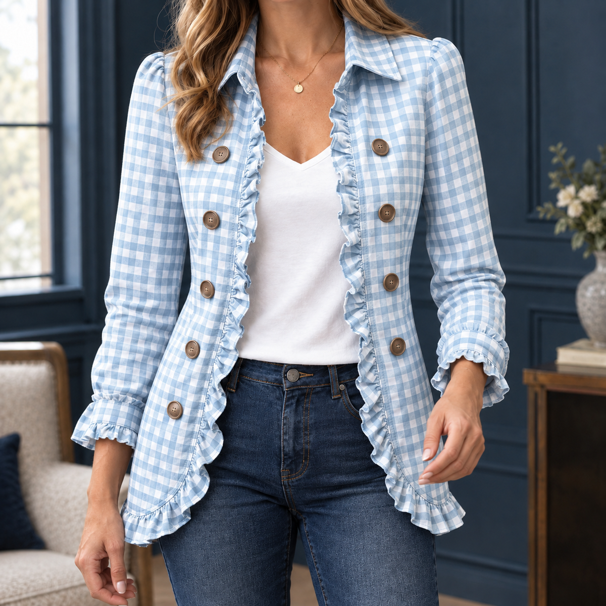Damen Tailliertes Overshirt Slim Fit Freizeit mit Rüschen