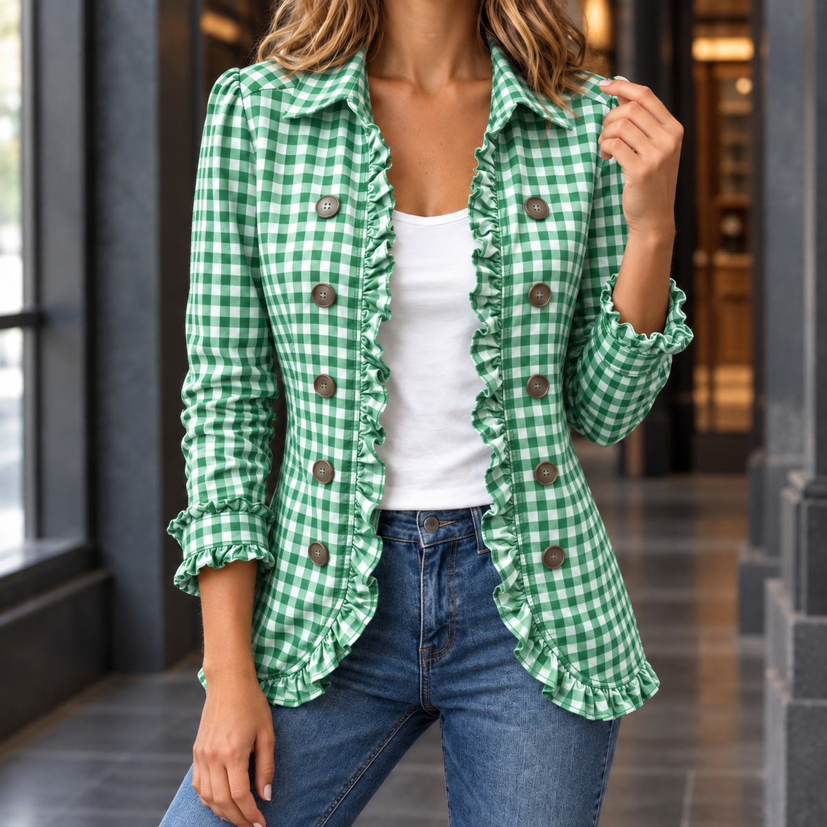 Damen Gingham-Jacke Slim Fit Freizeit mit Rüschensaum
