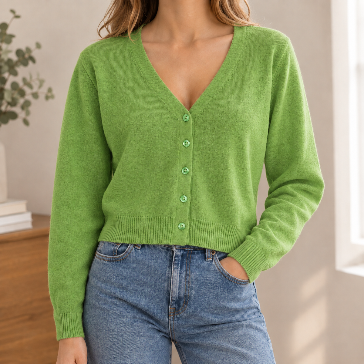 Damen Cardigan V-Ausschnitt Relaxed Fit Freizeit Cropped