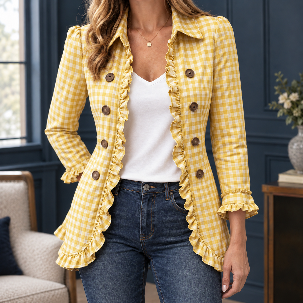 Damen Tailliertes Overshirt Slim Fit Freizeit mit Rüschen