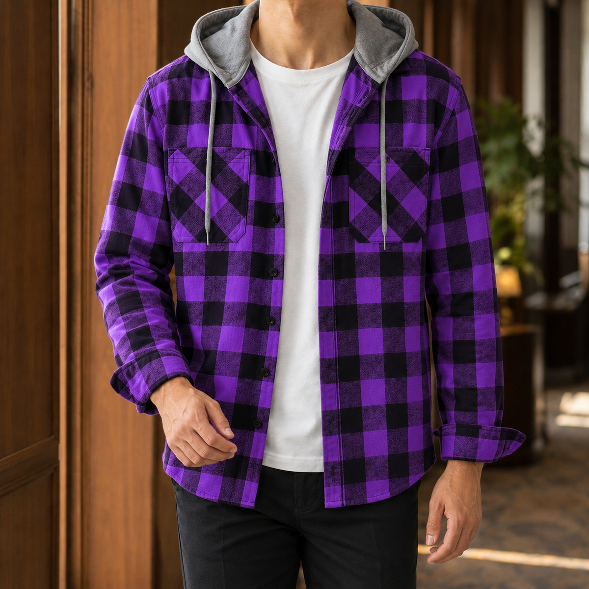 Herren Overshirt Kariert mit Kapuze Lässig Freizeit