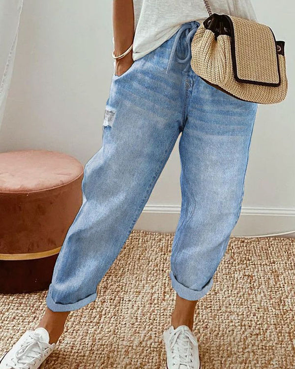 Damen Jeans Regular Fit Casual mit Taschen und Kordelzug