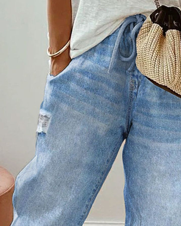 Damen Jeans Regular Fit Casual mit Taschen und Kordelzug