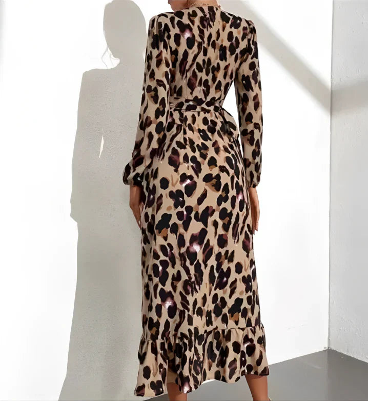 Damen V-Ausschnitt Kleid Regular Fit Freizeit Leopardenmuster