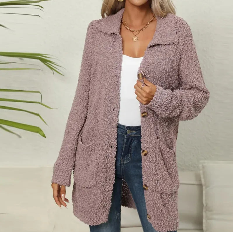 Ela I Damen Teddy-Cardigan Lang Relaxed Fit Freizeit mit Taschen