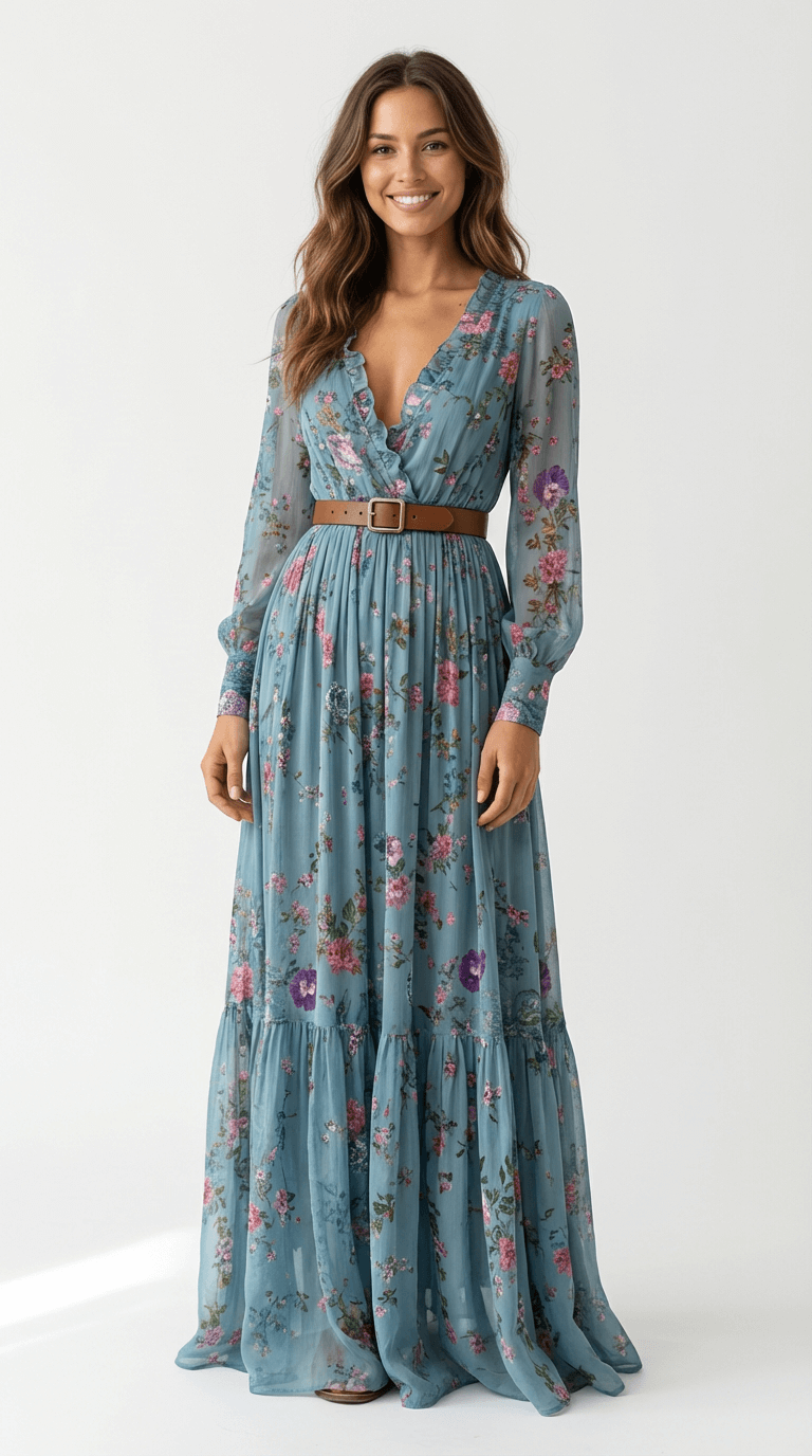 Damen Maxikleid Regular Fit Boho Freizeit Langarm
