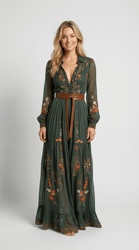 Damen Maxikleid Regular Fit Boho Freizeit Langarm