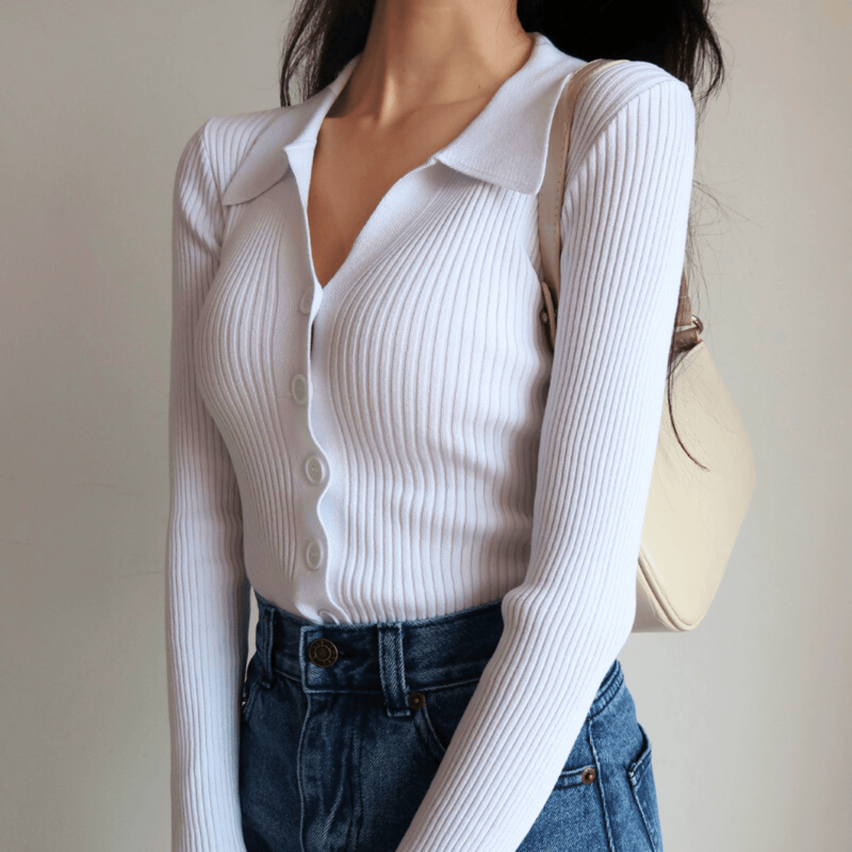Damen Slim Fit Rippen-Top Casual mit Knopfleiste