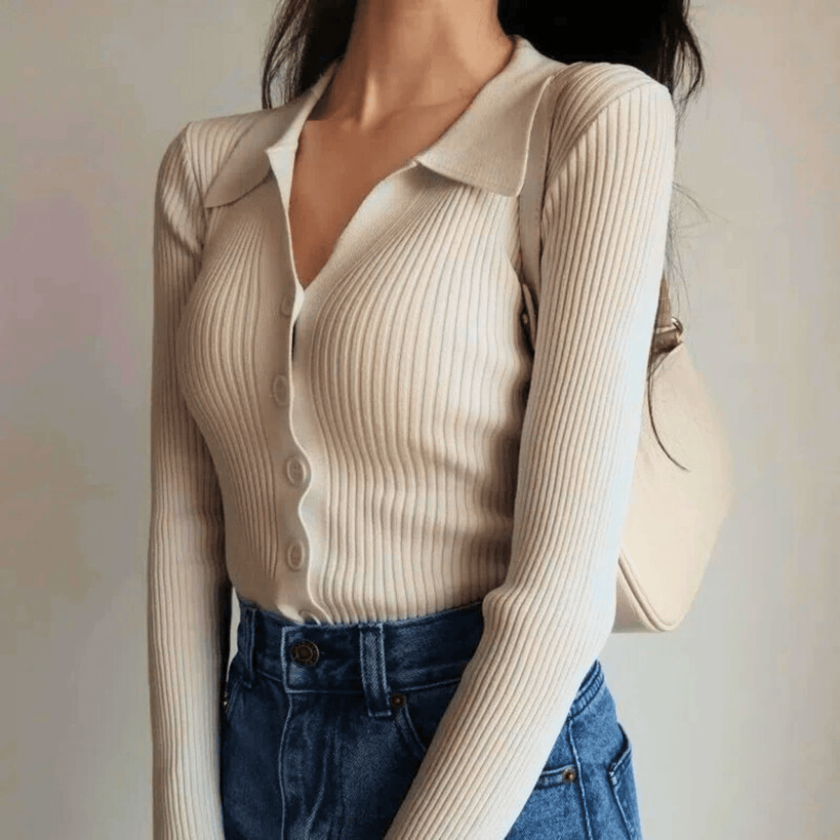 Damen Slim Fit Rippen-Top Casual mit Knopfleiste