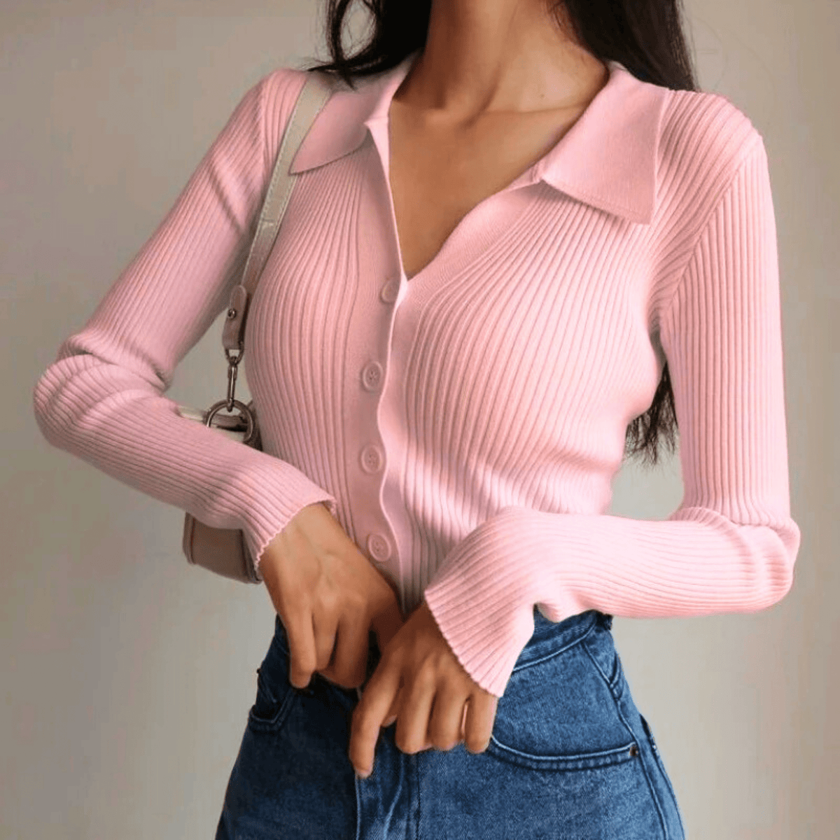 Damen Slim Fit Rippen-Top Casual mit Knopfleiste