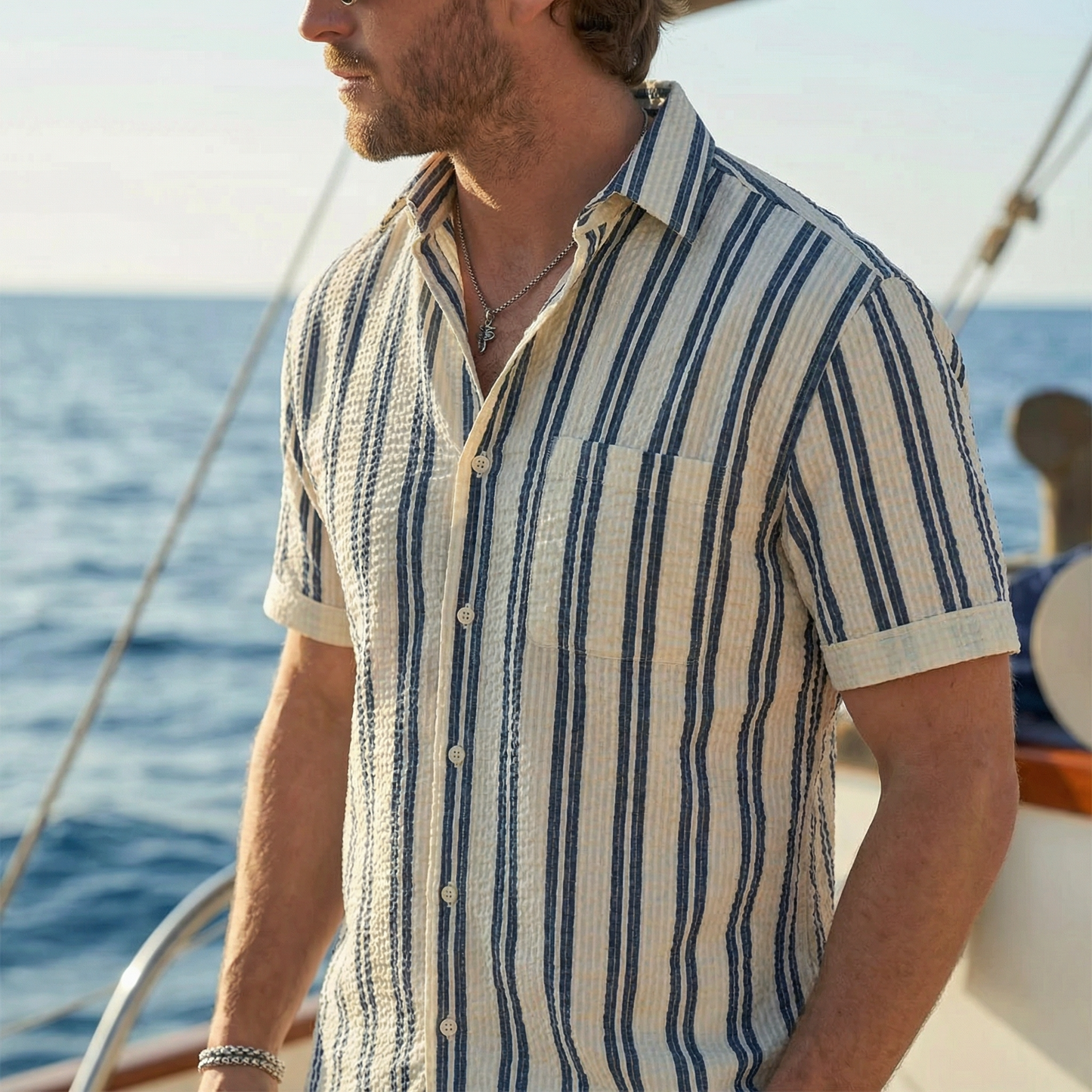 Herren Hemd Klassisch Gestreift Relaxed Fit Freizeit Sommer