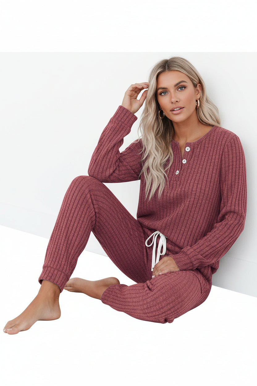 Damen Rippenstrukturiertes zweiteiliges Set Freizeit Regular Fit