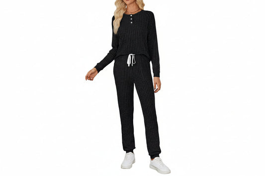 Damen Rippenstrukturiertes zweiteiliges Set Freizeit Regular Fit