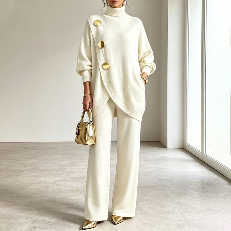 Zaria I Damen Oversize Strickset Casual mit asymmetrischem Knopfoberteil und weitem Bein