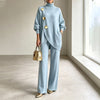 Zaria I Damen Oversize Strickset Casual mit asymmetrischem Knopfoberteil und weitem Bein