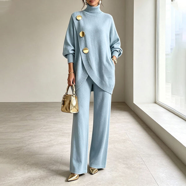 Zaria I Damen Oversize Strickset Casual mit asymmetrischem Knopfoberteil und weitem Bein