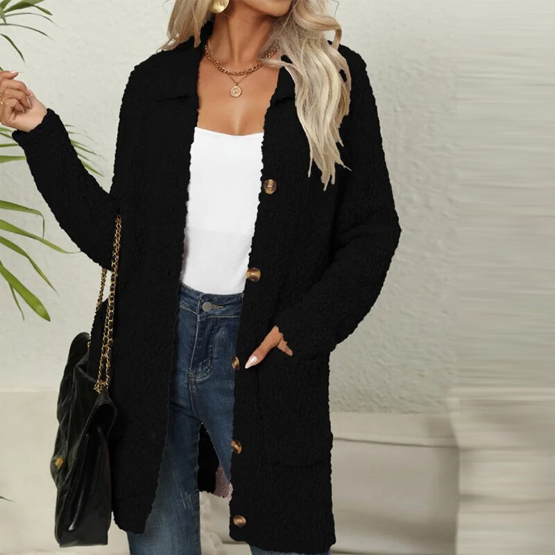 Ela I Damen Teddy-Cardigan Lang Relaxed Fit Freizeit mit Taschen