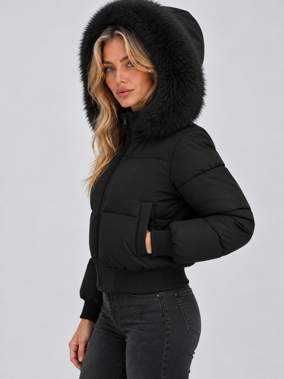 Damen Steppjacke Regular Fit Freizeit mit Kunstfellkragen