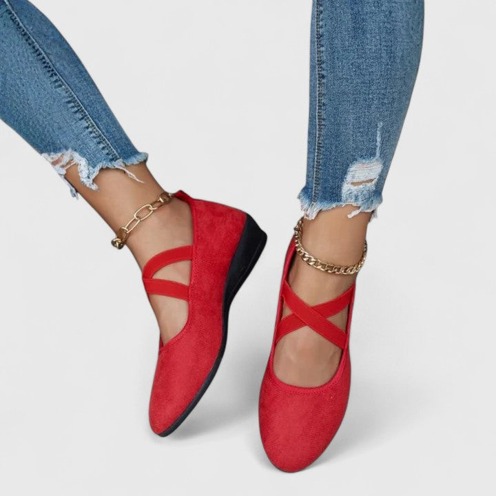 Damen Ballerinas Komfort Freizeit mit Keilabsatz und Knöchelriemen