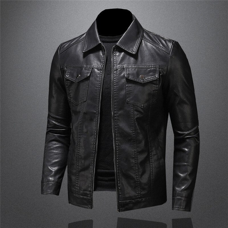 Lederjacke Herren – Slim Fit Übergangsjacke mit Reißverschluss Schwarz