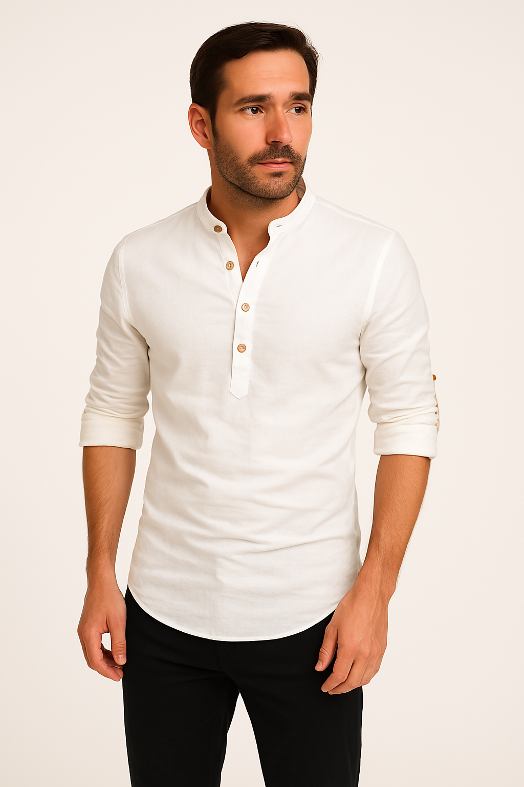 Herren Sommerhemd Regular Fit Freizeit Langarm Stehkragen