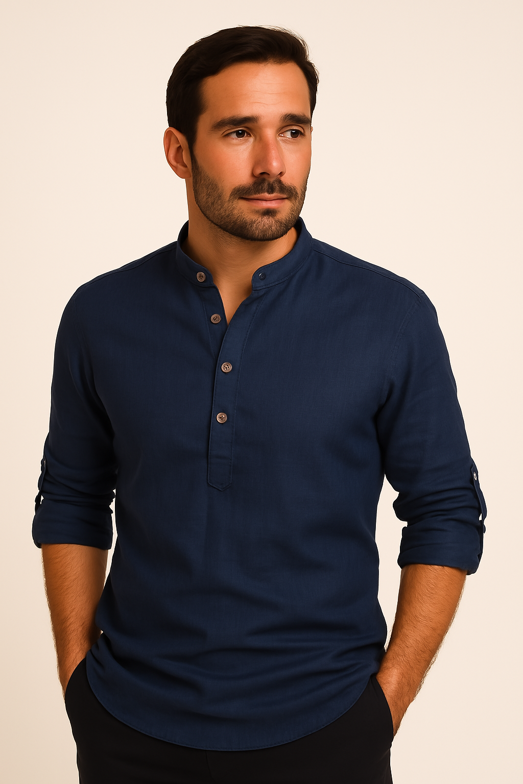 Herren Sommerhemd Regular Fit Freizeit Langarm Stehkragen